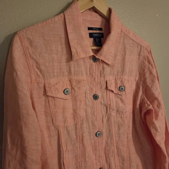JONES & CO. Coral Peach 100% Linen Button Front Lagenlook Beachy Shacket Size L - Picture 3 of 12